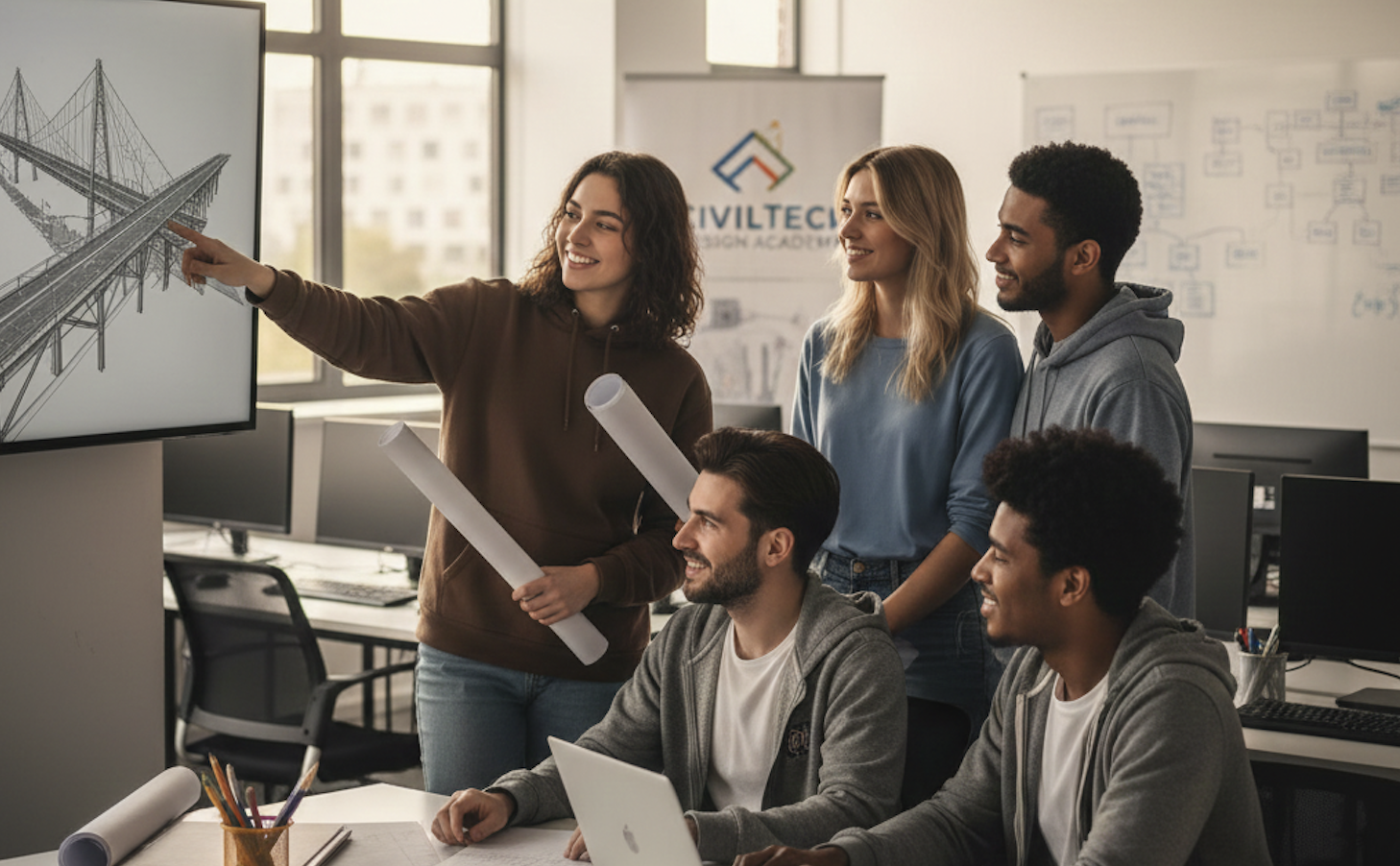 A confident student presenting a UI/UX portfolio on a large screen to mentors.