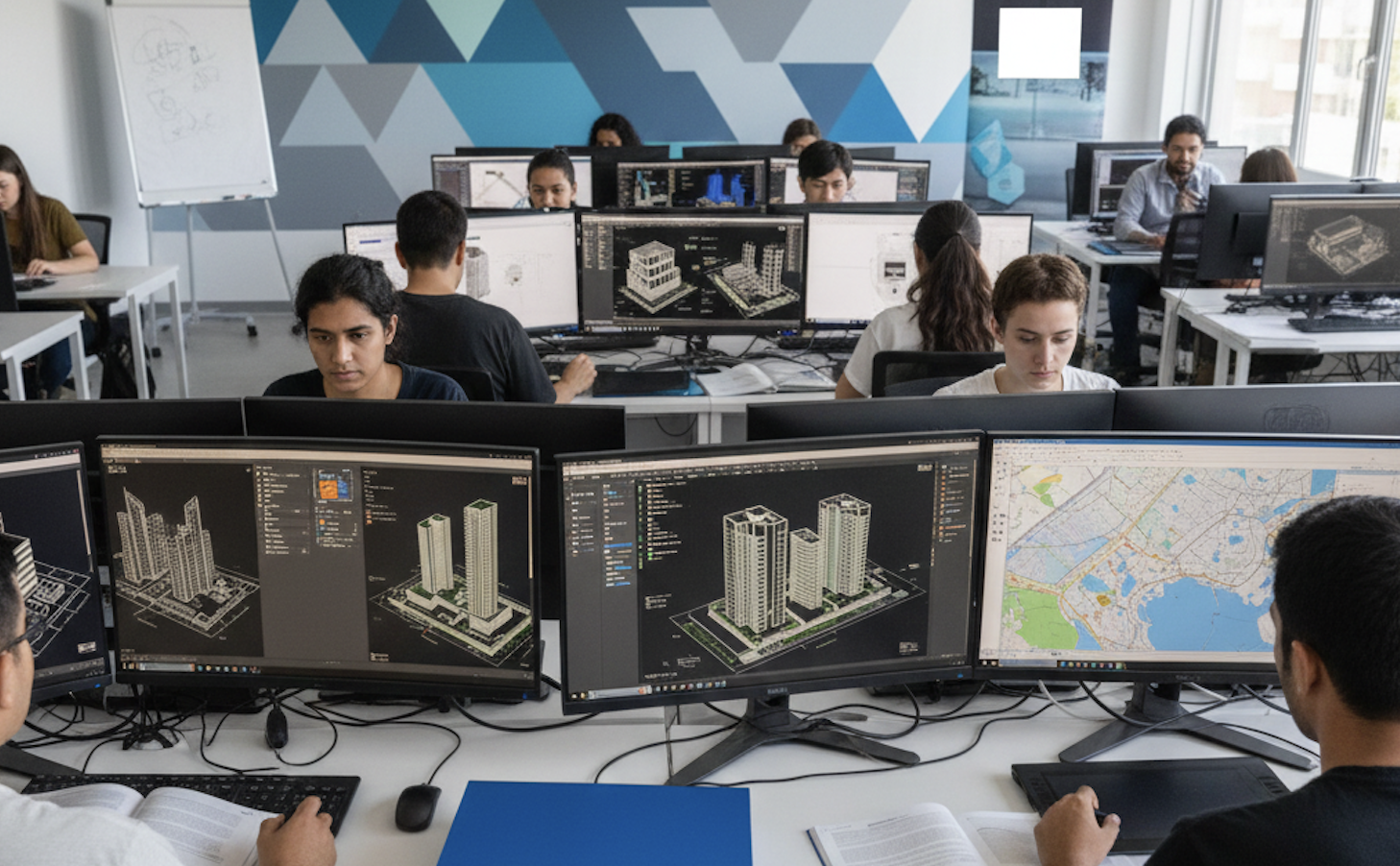 Semi-realistic illustration of a mentor guiding a student in a design studio with Figma prototypes on screen.