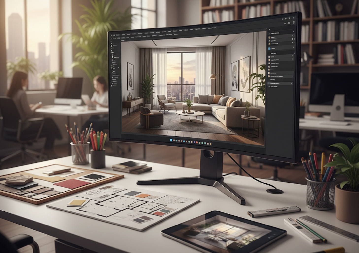 Vibrant flat-style illustration of a UI designer working on a laptop with Figma interface, surrounded by floating UI components.