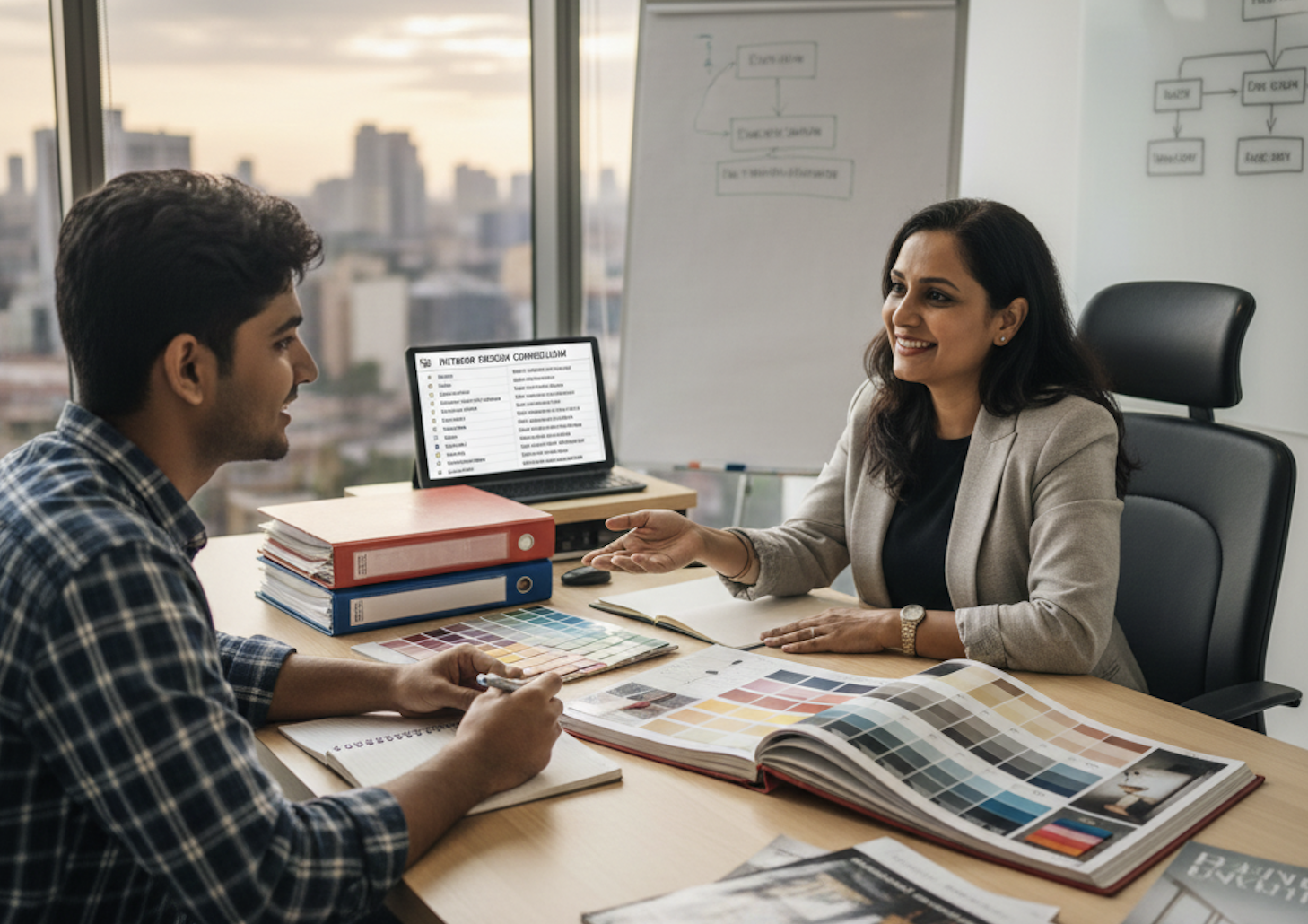 A confident student presenting a UI/UX portfolio on a large screen to mentors.