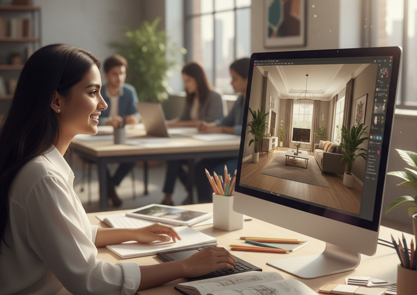 Semi-realistic illustration of a mentor guiding a student in a design studio with Figma prototypes on screen.
