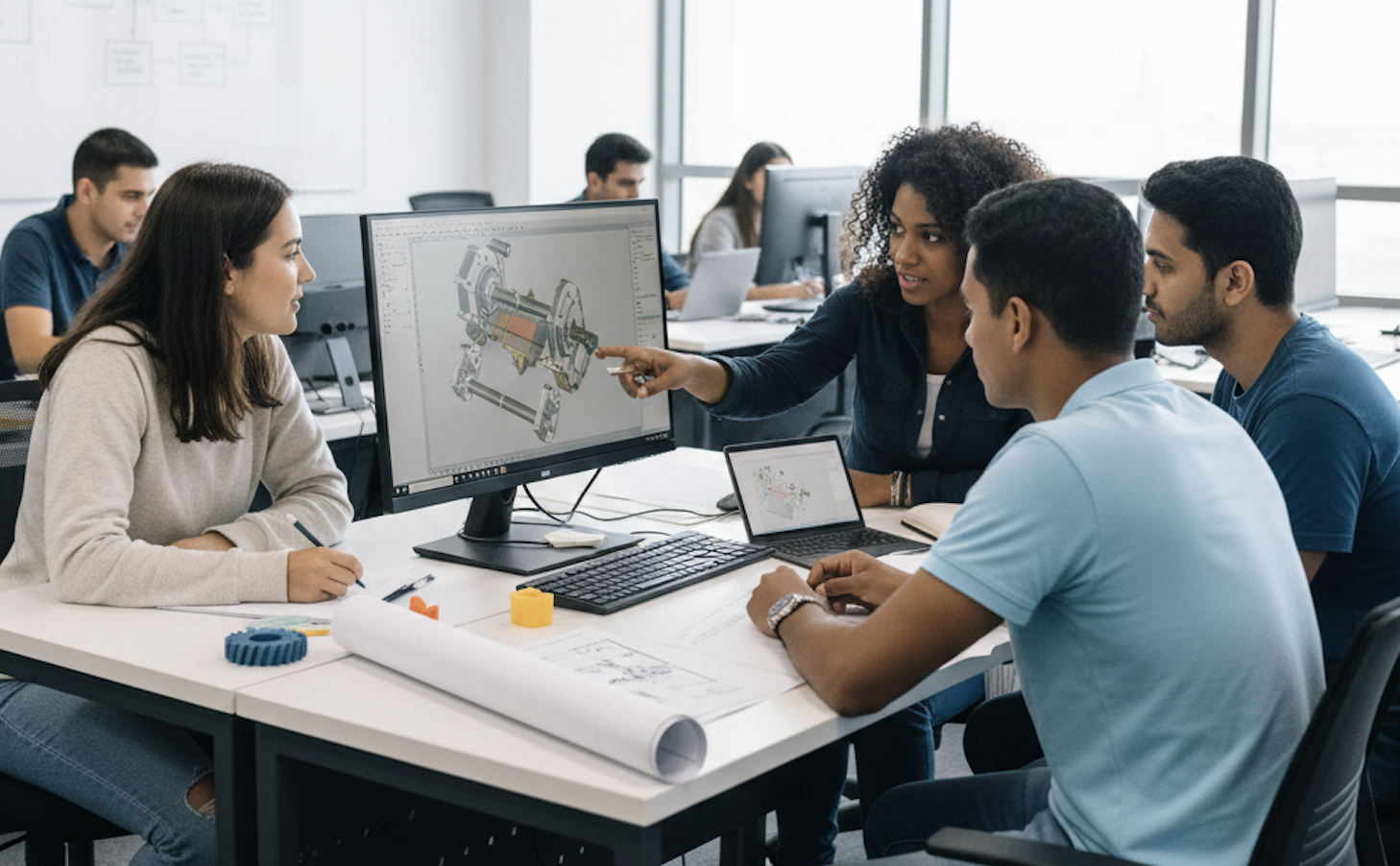 Illustration of a student sketching wireframes on paper and creating a digital prototype on a laptop.