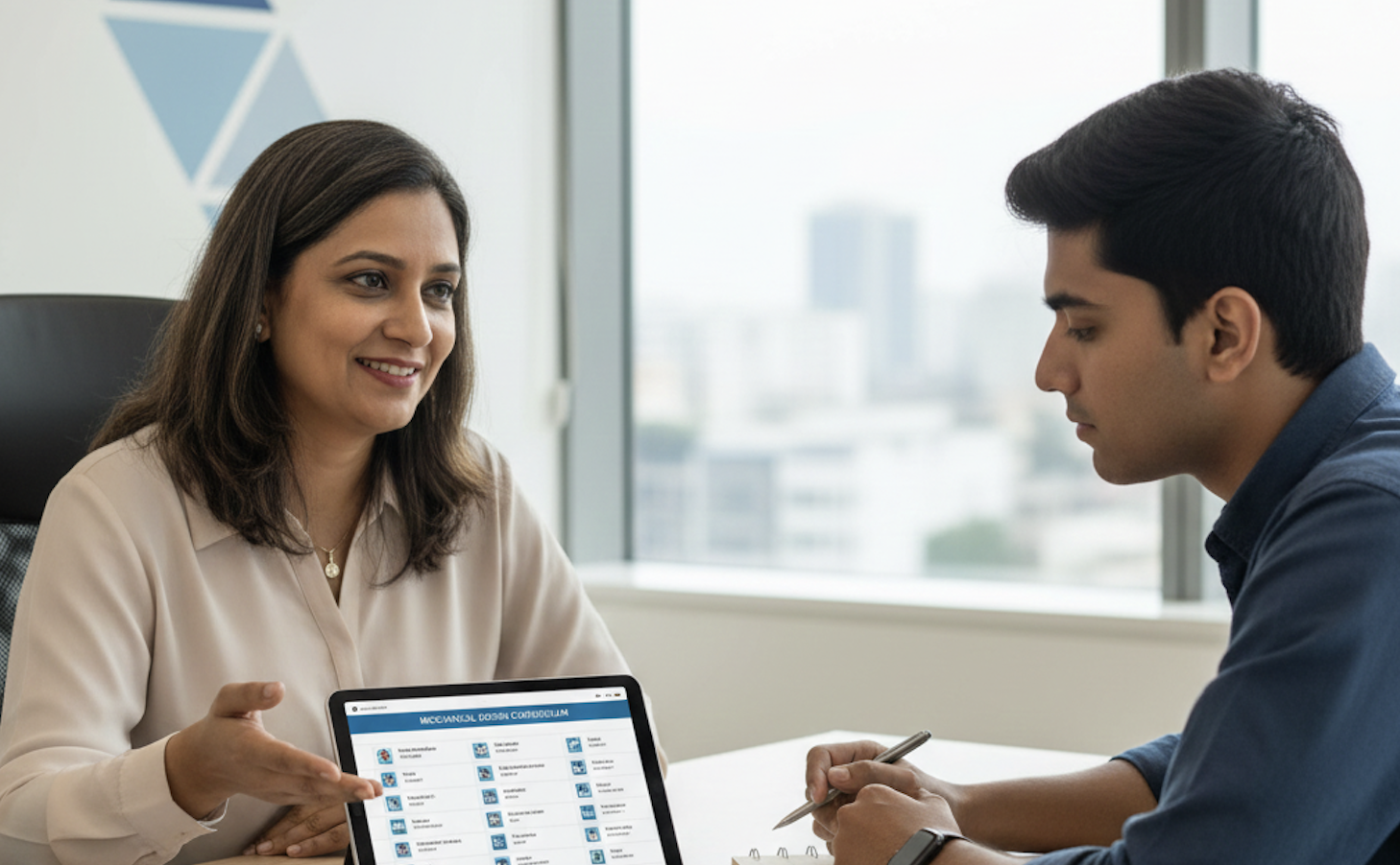 A confident student presenting a UI/UX portfolio on a large screen to mentors.
