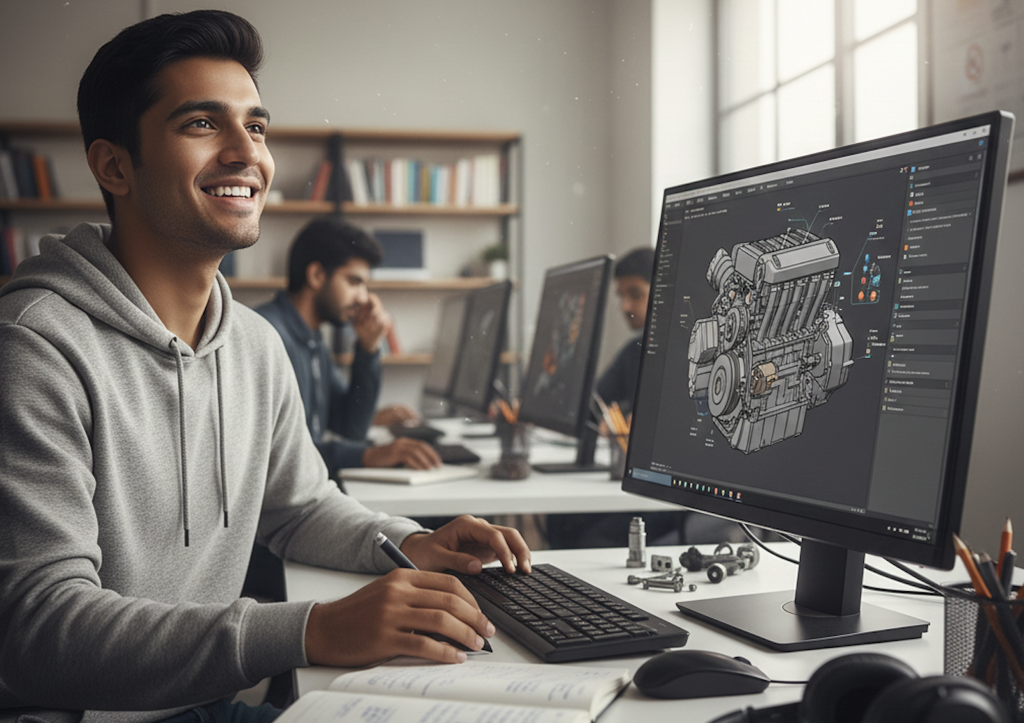 Semi-realistic illustration of a mentor guiding a student in a design studio with Figma prototypes on screen.