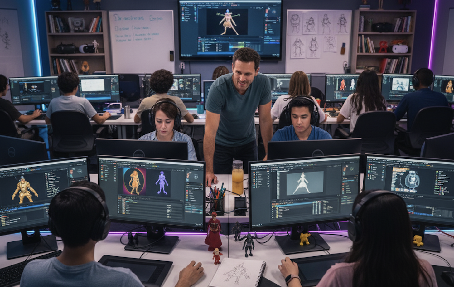 Illustration of a student sketching wireframes on paper and creating a digital prototype on a laptop.