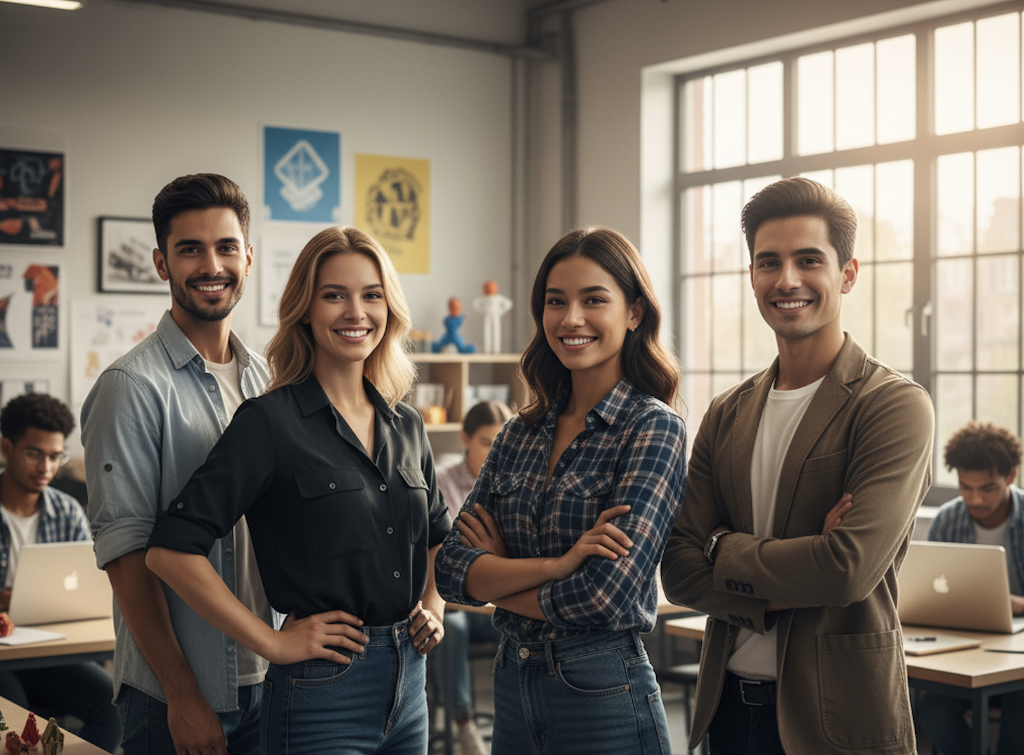 A confident student presenting a UI/UX portfolio on a large screen to mentors.