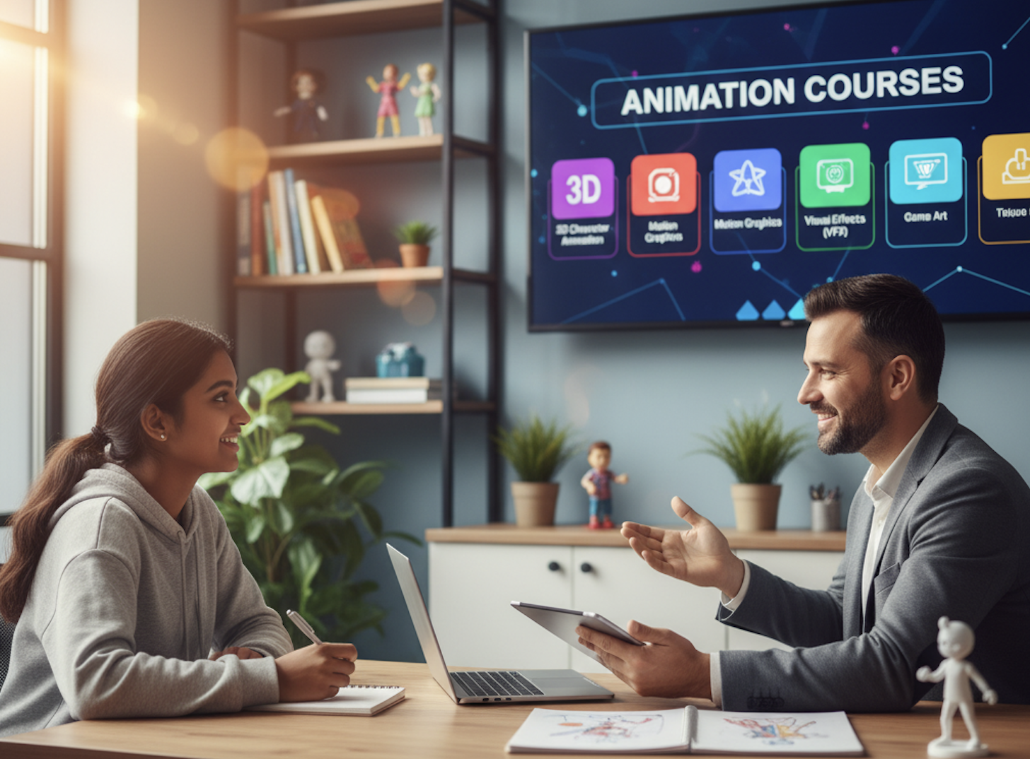 Semi-realistic illustration of a mentor guiding a student in a design studio with Figma prototypes on screen.