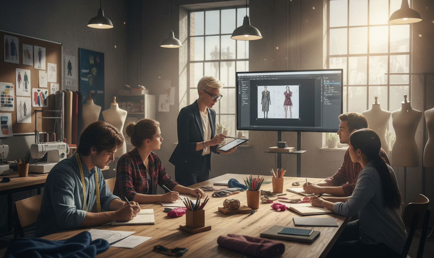 Illustration of a student sketching wireframes on paper and creating a digital prototype on a laptop.