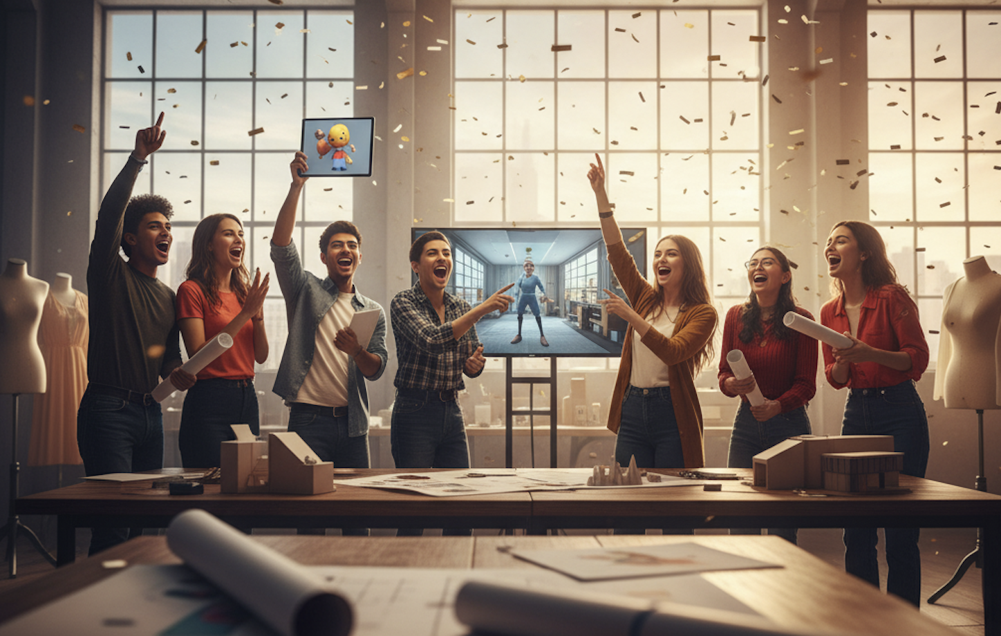 A confident student presenting a UI/UX portfolio on a large screen to mentors.