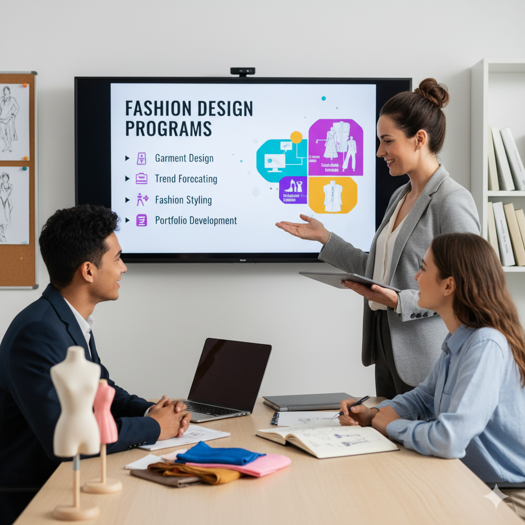 Semi-realistic illustration of a mentor guiding a student in a design studio with Figma prototypes on screen.