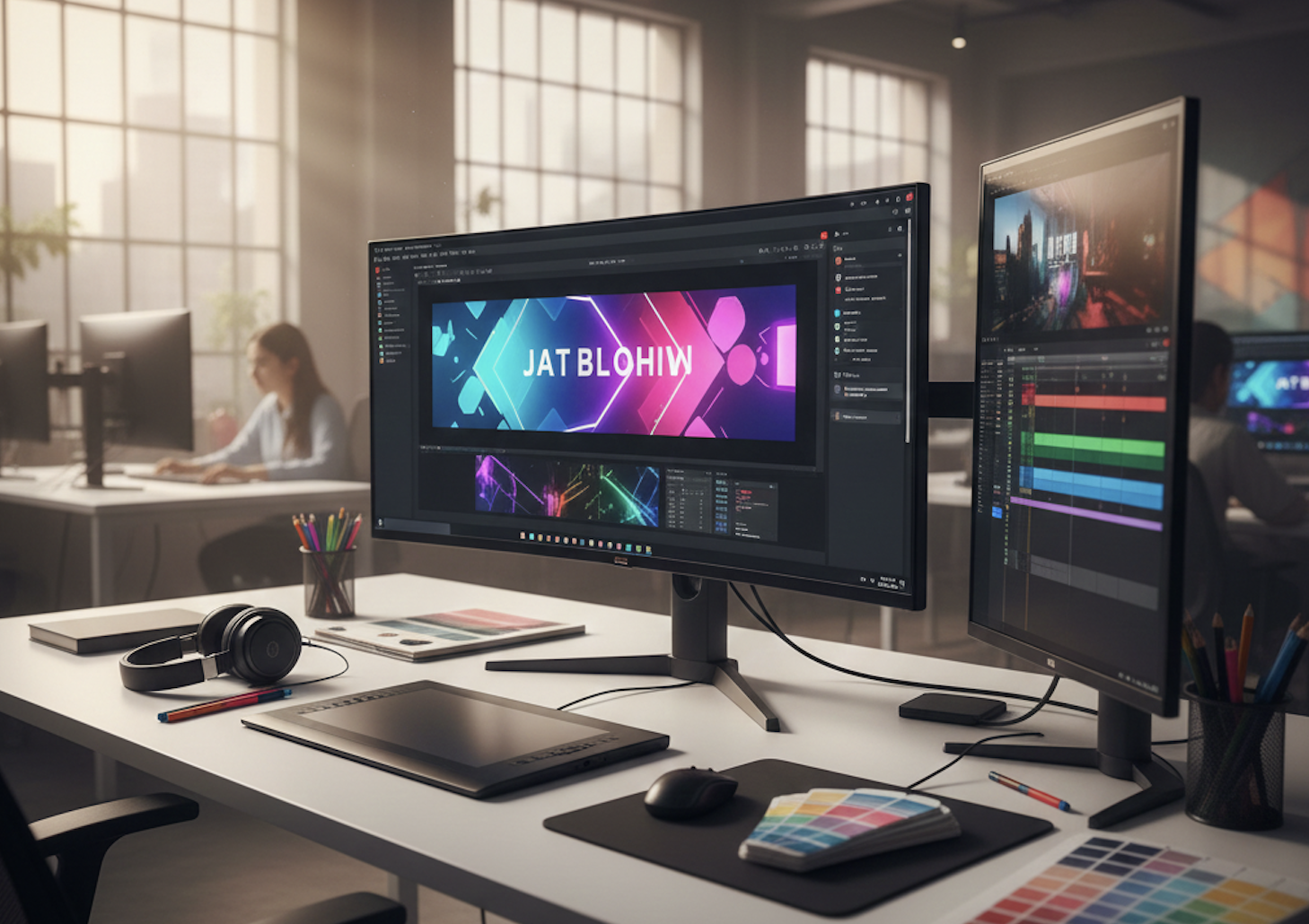 Vibrant flat-style illustration of a UI designer working on a laptop with Figma interface, surrounded by floating UI components.