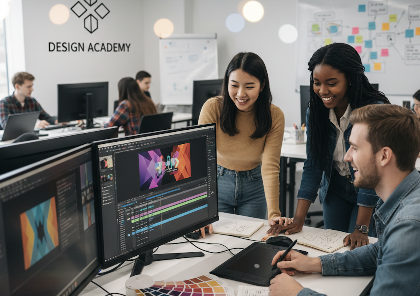 Illustration of a student sketching wireframes on paper and creating a digital prototype on a laptop.