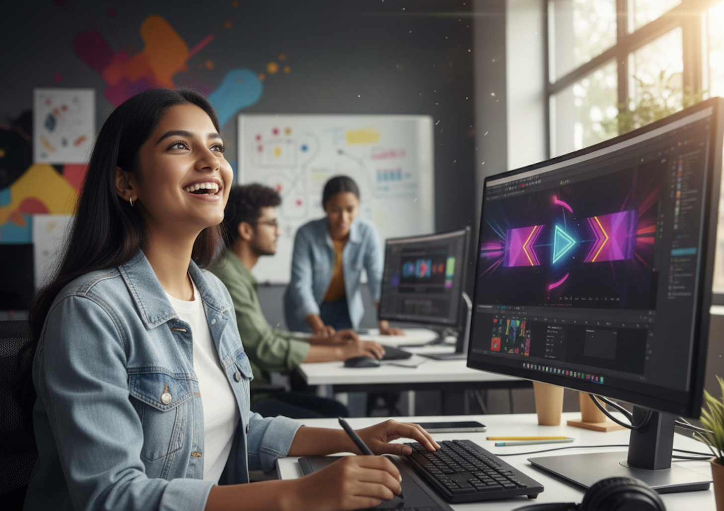 Semi-realistic illustration of a mentor guiding a student in a design studio with Figma prototypes on screen.