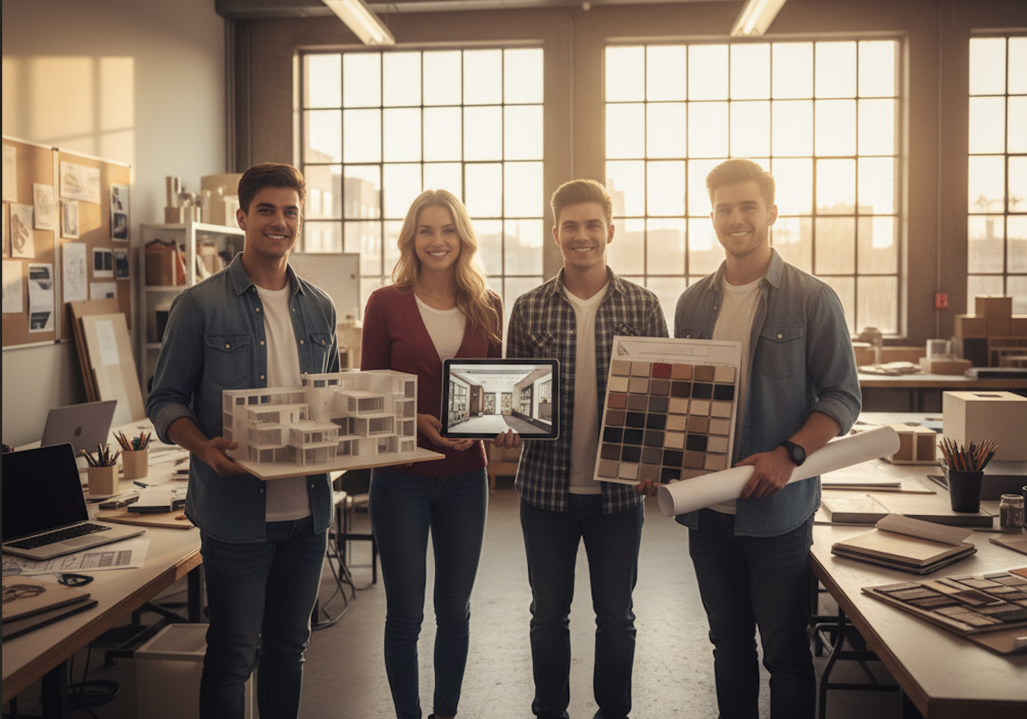 A confident student presenting a UI/UX portfolio on a large screen to mentors.
