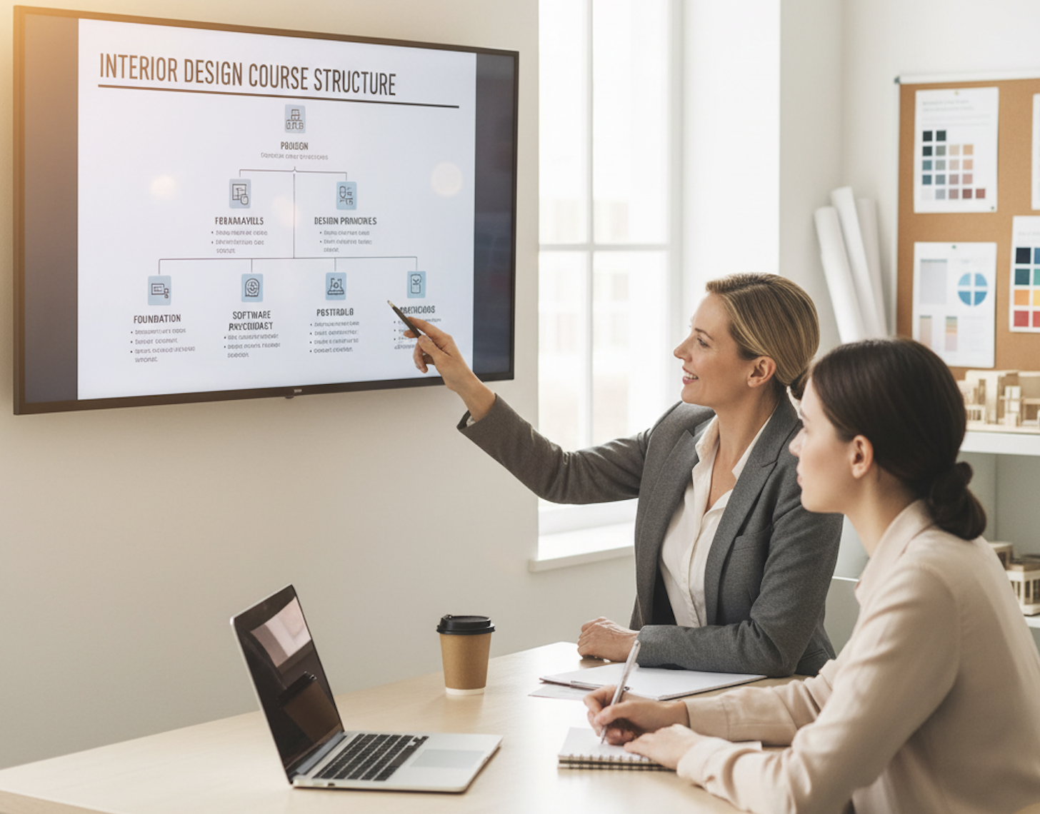 Semi-realistic illustration of a mentor guiding a student in a design studio with Figma prototypes on screen.